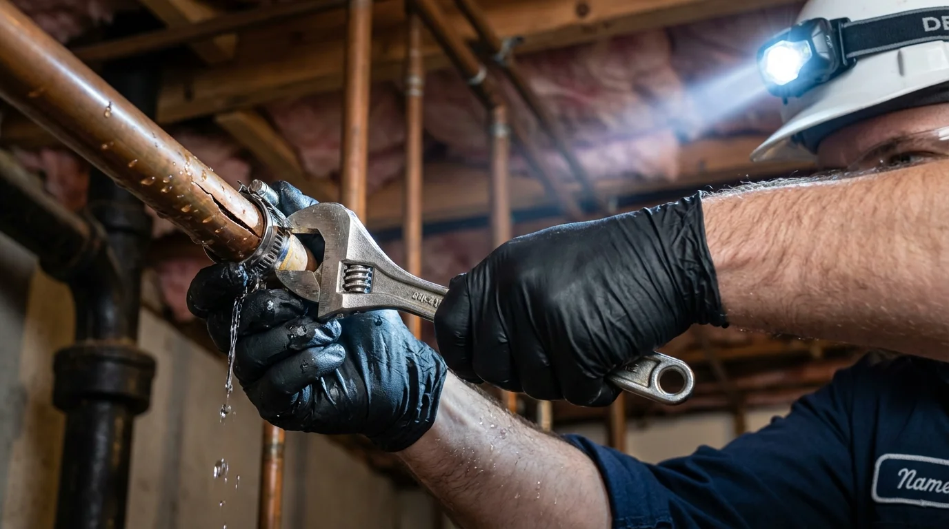 Emergency pipe clamp repair being performed by a Johns Plumbing LLC plumber in Hughesville