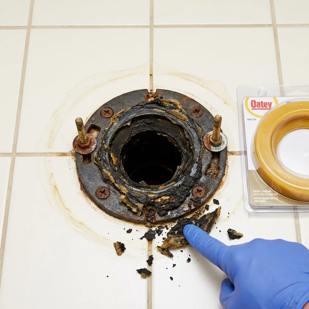 Failed wax ring showing water seepage at the base of a toilet in a Hughesville, MD home