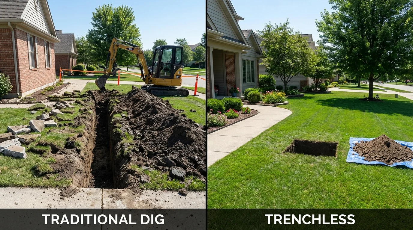 Trenchless sewer repair with minimal yard damage versus traditional excavation in Hughesville, MD