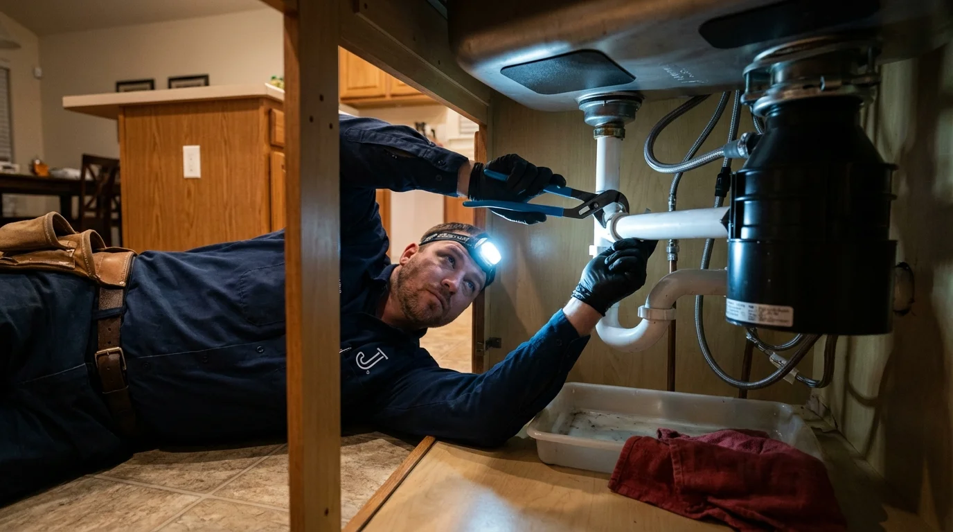 P-trap and supply line connections under a kitchen sink showing a common leak point in Hughesville, MD